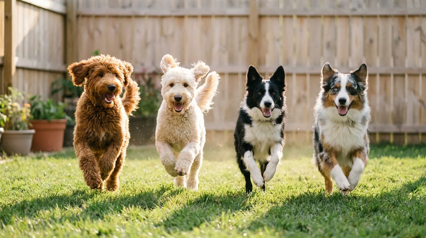 Happy dogs running in the yard at our dog daycare in Brooklyn, NY