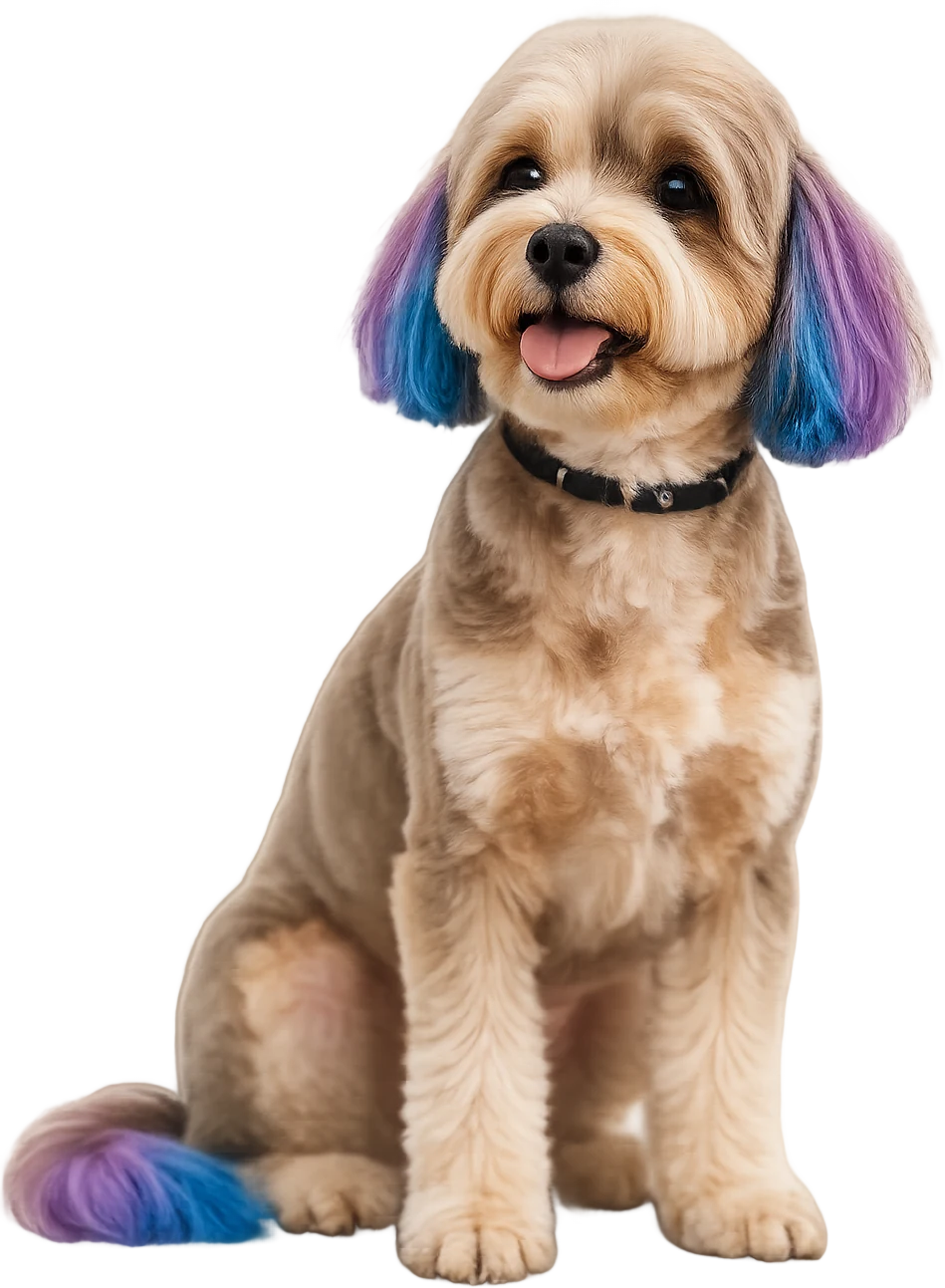 Havanese with blue and purple dyed ears and tail after a creative grooming color service at Ivy Pets in Brooklyn
