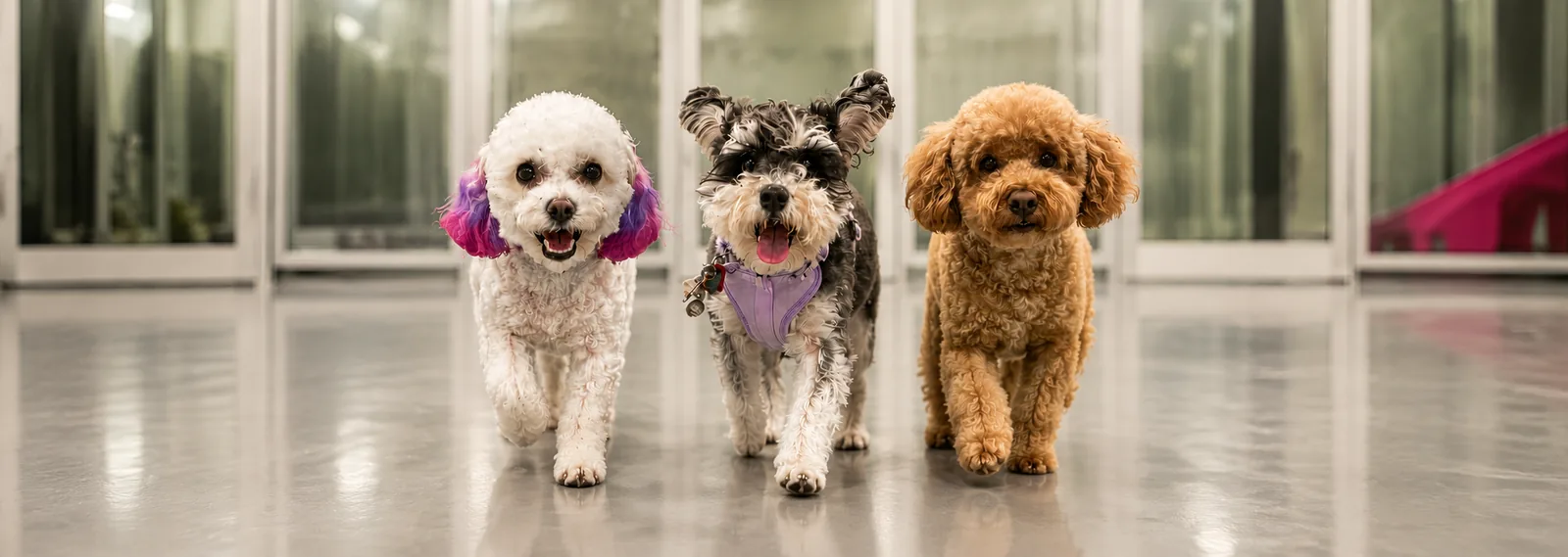 Happy dogs running in the yard at our dog daycare in Brooklyn, NY