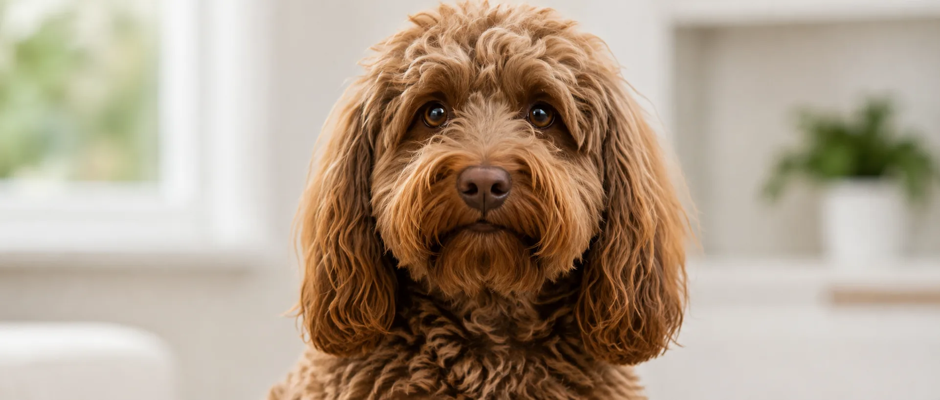 Goldendoodle before grooming with a shaggy, overgrown coat
