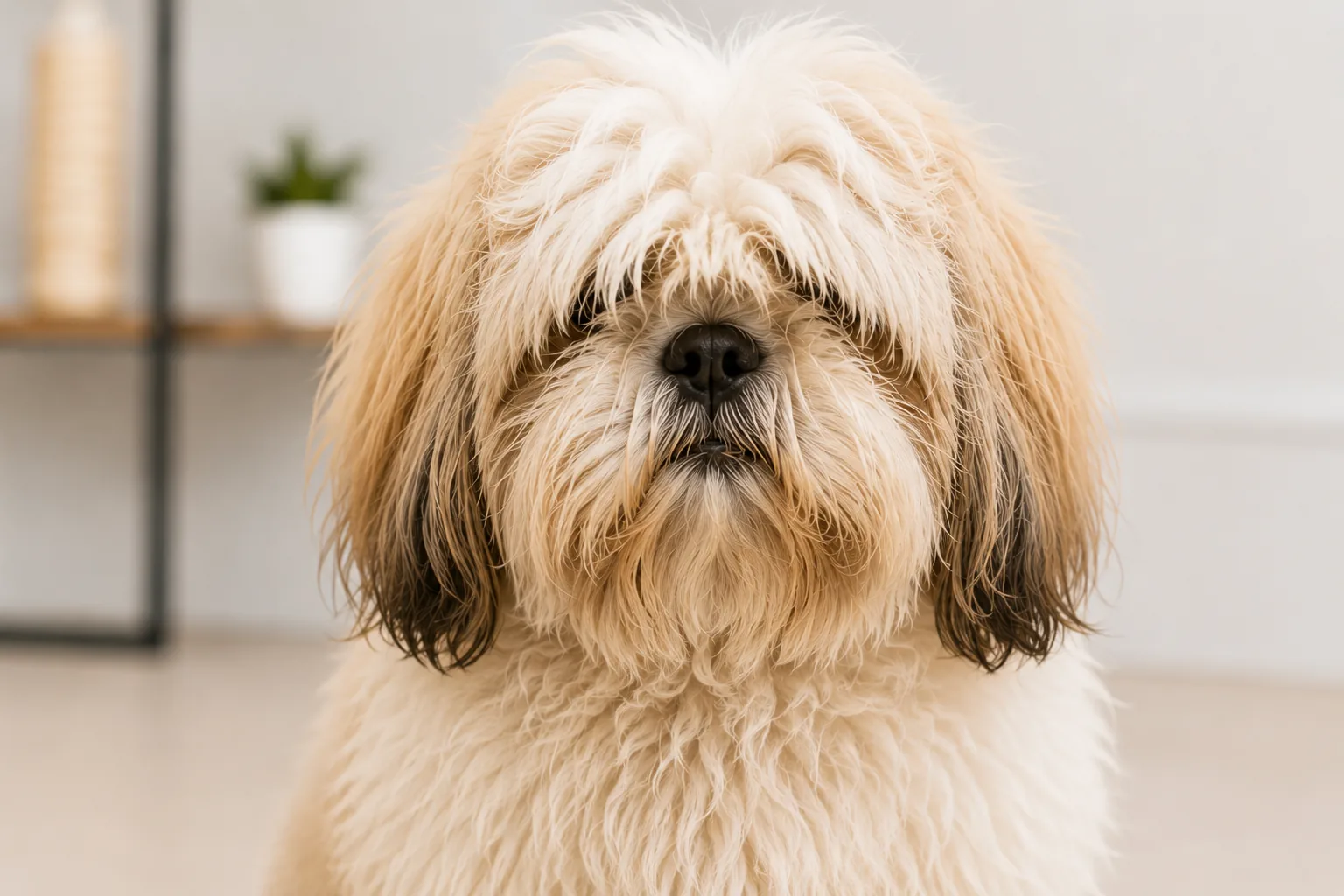 Shih Tzu before grooming with a matted, overgrown coat