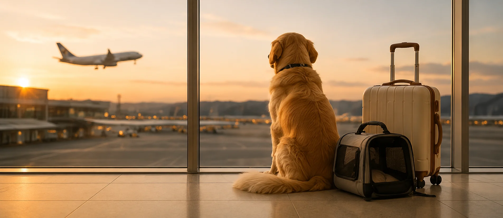 Golden retriever at airport ready to travel