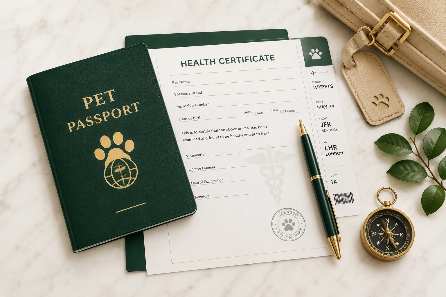 Pet health certificate and passport documents for international dog travel — USDA APHIS endorsed