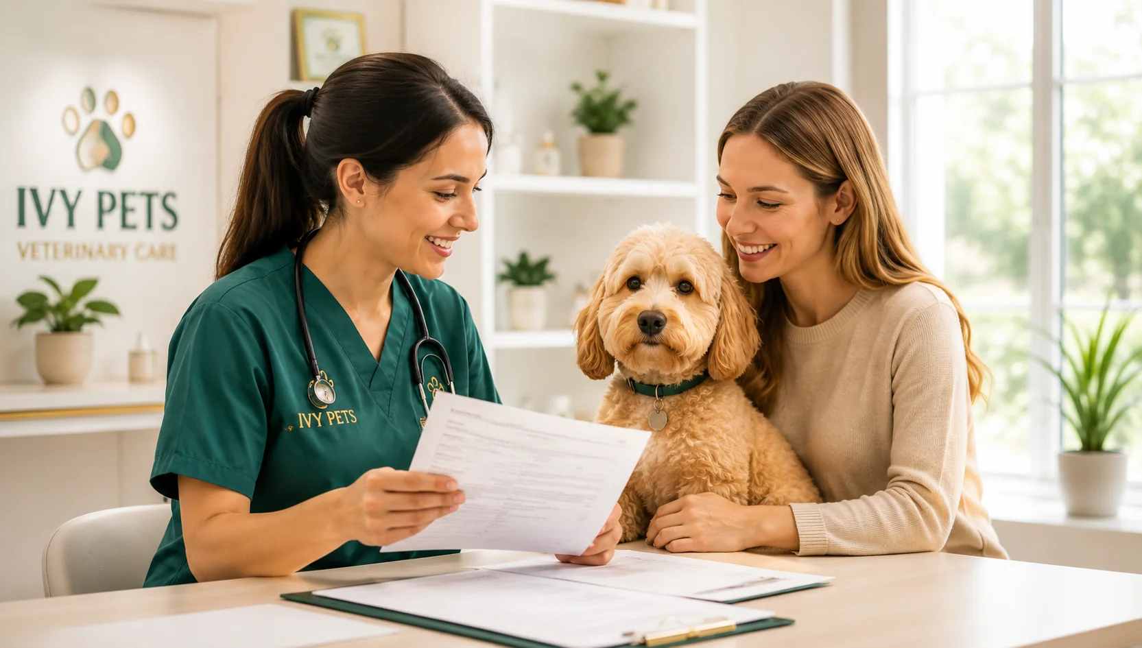 Ivy Pets USDA-accredited veterinarian reviewing pet travel certificate with dog and owner in Brooklyn NY